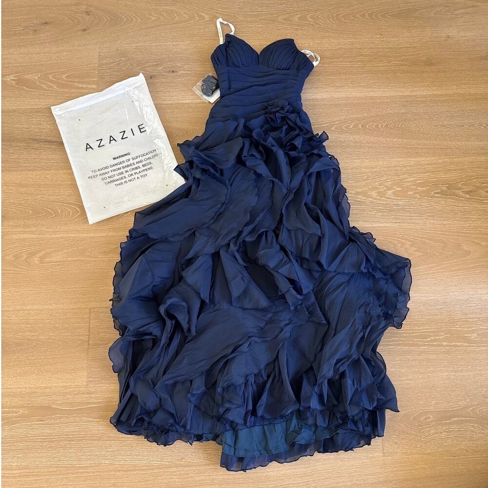 Azazie Christabelle Sweetheart Ruffled Chiffon Maxi Dress Size 00 in Navy Blue